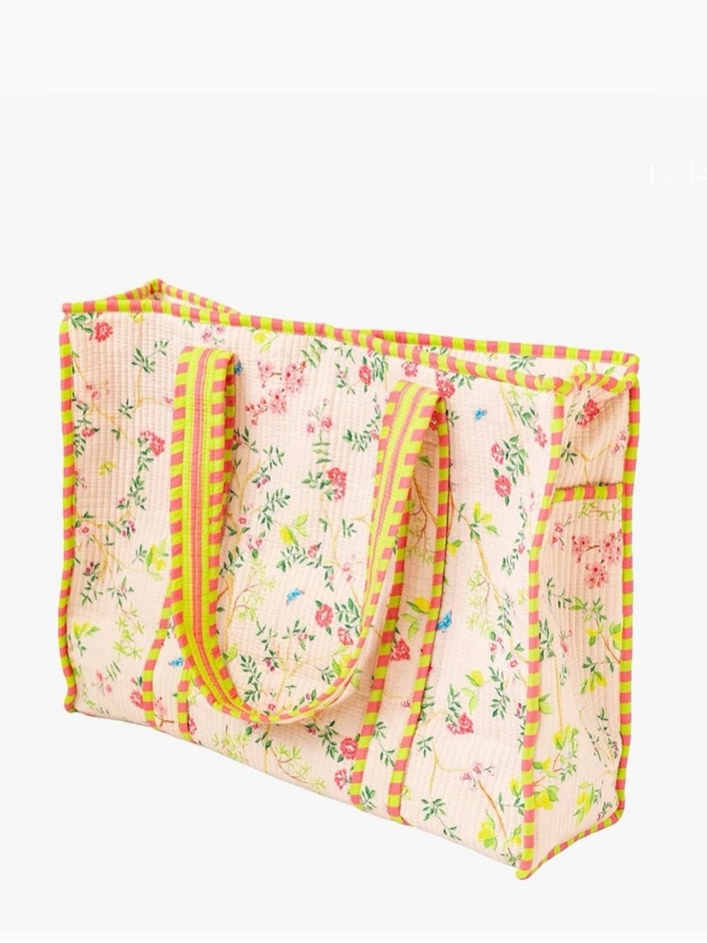 Floral Quilted Tote Bag in Pink with Yellow Trim